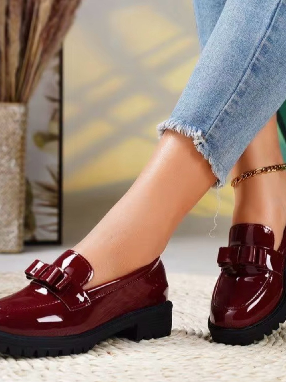 Women’s Burgundy Patent Loafers with Chunky Sole